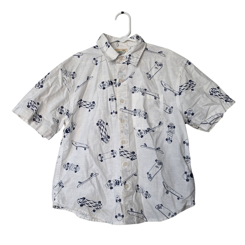 Thereabouts Button Down Shirt Boys 8 White Skateboard Print Short Sleeve Cotton